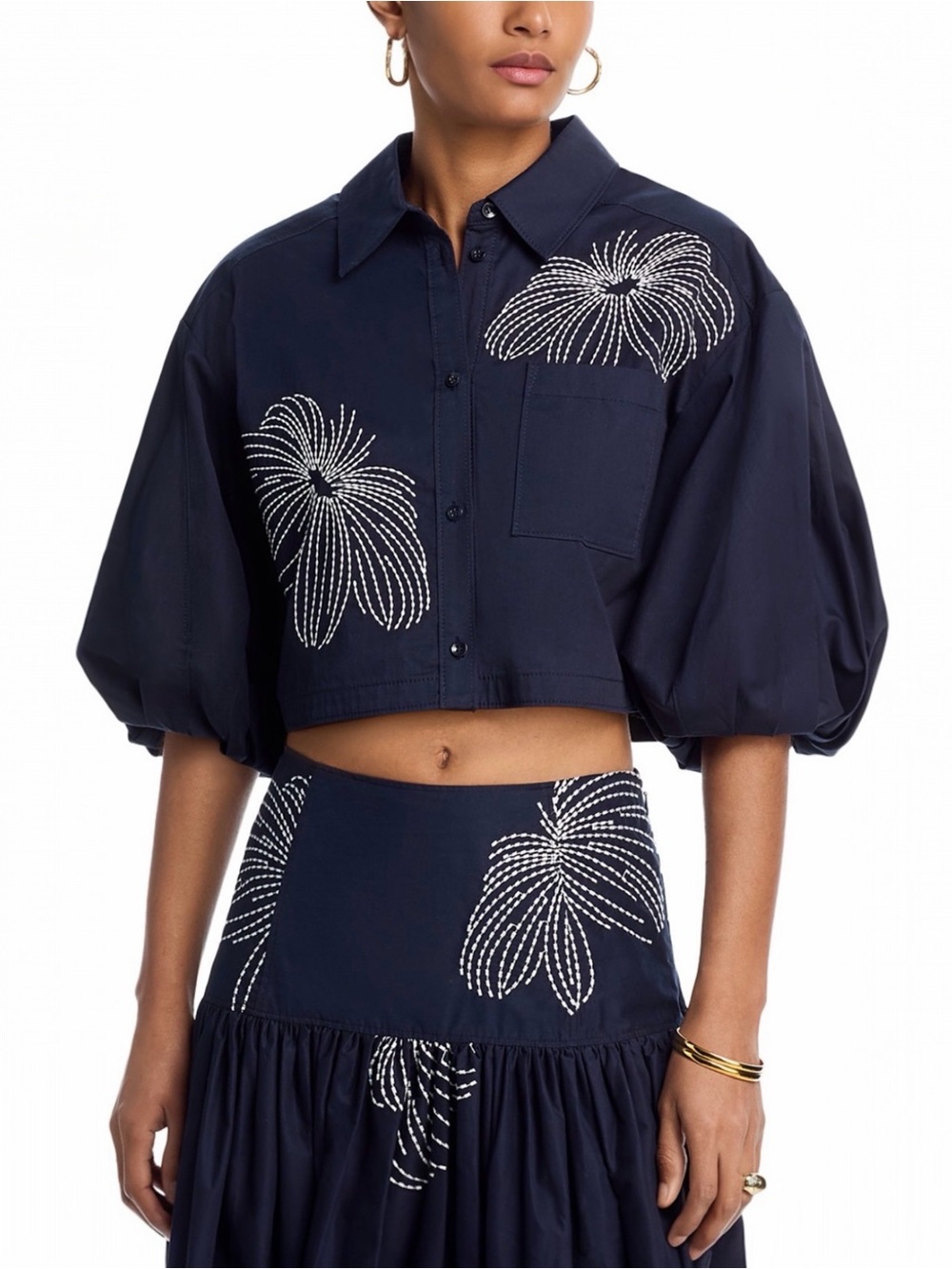 Cinq à Sept Women’s Sunburst Rhea Navy Crop Embroidered Button Down Cotton Top
